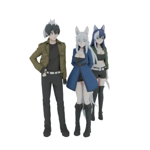 A 3D render of three anime wolf-girls in tactical outfits, standing together against a black background.