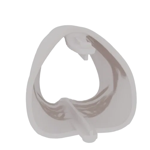 3D-Rendering einer weißen abstrakten skulpturalen Form mit fließenden, verschlungenen Oberflächen und einem offenen Inneren.