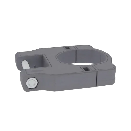 3D model of a gray pipe clamp with a visible bolt and nut, shown from a side angle against a white background.