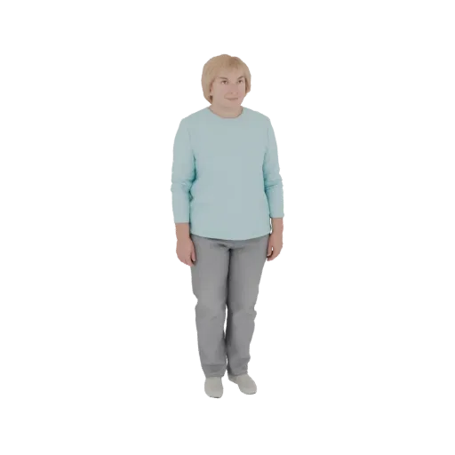 3D model of a woman with blonde hair wearing a light blue long-sleeved shirt and gray pants, standing and looking forward.