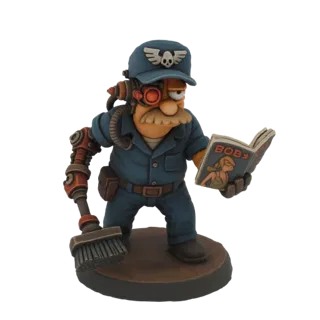3D model of a stylized sci-fi mechanic wearing a blue uniform, cap, and goggles, holding a broom and reading a magazine.