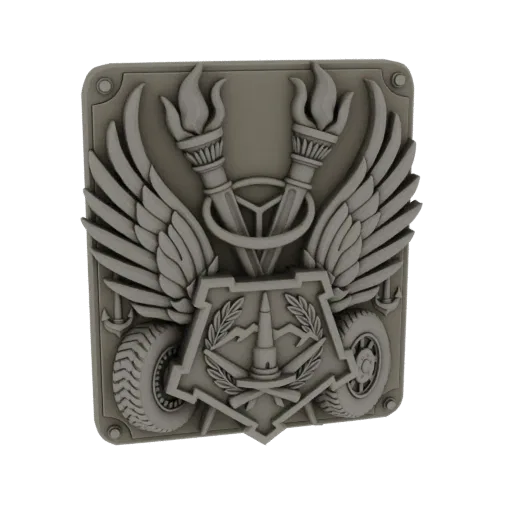 3D model of a winged emblem with torches, a steering wheel, and vehicle wheels, rendered in a neutral gray material.