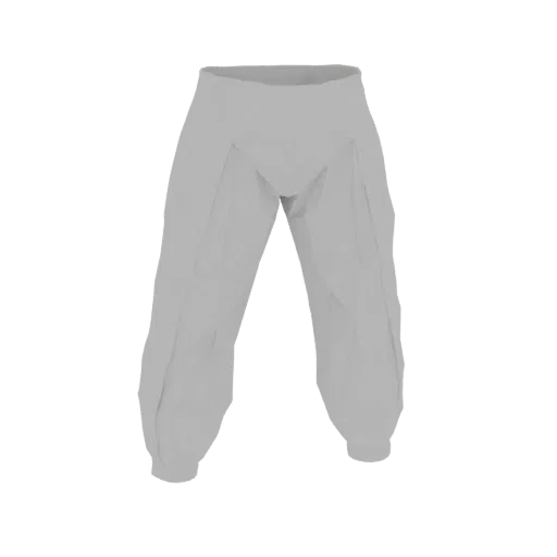 Render di modello 3D di pantaloni cargo grigio chiaro con pieghe evidenti e vestibilità rilassata, presentato su sfondo bianc