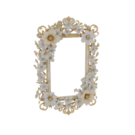 3D model of an ornate picture frame adorned with white and cream flowers and gold scrollwork, set against a white background.