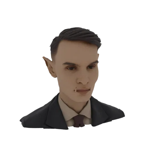 Render di modello 3D di un busto di gentiluomo vampiro, con abito e cravatta, orecchie a punta e zanne visibili.