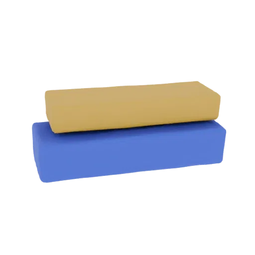Uma renderização 3D de dois blocos retangulares empilhados verticalmente, um amarelo sobre um bloco azul, contra um fundo bra