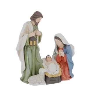 3D model of the Nativity scene showing Joseph holding a lantern, Mary praying, Baby Jesus in a manger, and a lamb.