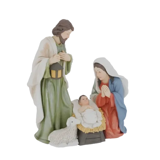 3D model of the Nativity scene showing Joseph holding a lantern, Mary praying, Baby Jesus in a manger, and a lamb.
