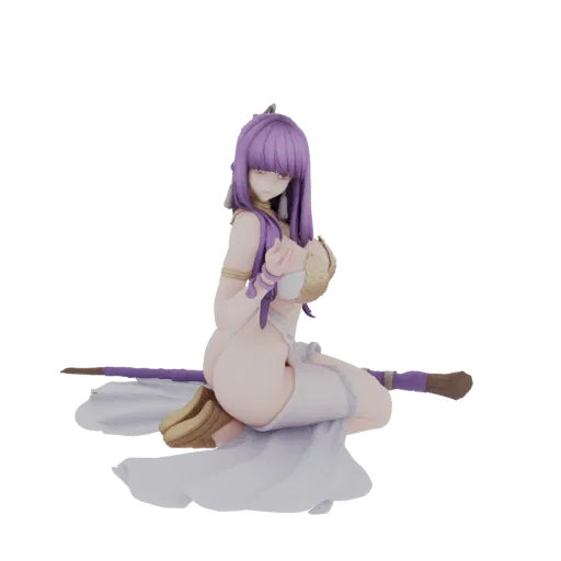 3D render of a purple-haired woman in a white outfit, kneeling with a staff, against a black background.