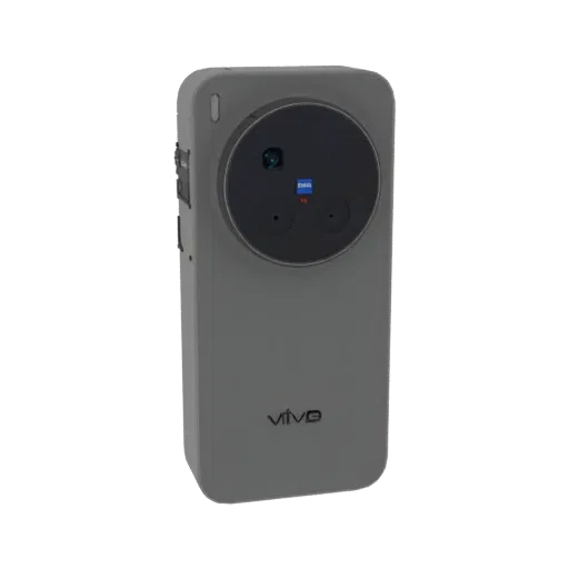 3D model of the Vivo X100 Pro smartphone, viewed from the back, highlighting its circular Zeiss camera module.