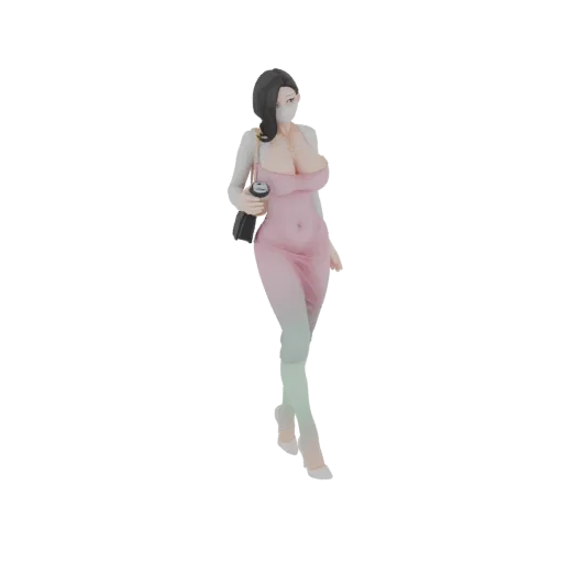 3D model of a woman in a pink dress holding a coffee cup, posed as if walking.