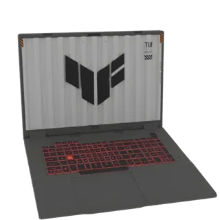 3D-Modell eines ASUS TUF Gaming Laptops mit roter Tastaturbeleuchtung und TUF-Logo auf dem Bildschirm.