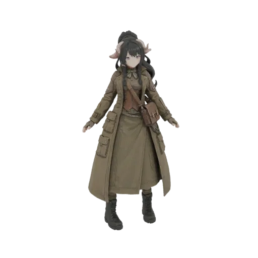 3D model of a female adventurer with dark hair, horns, and a detailed trench coat, standing against a white background.