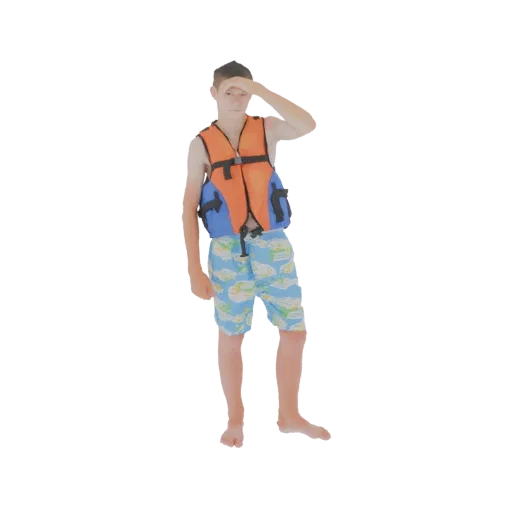 Modelo 3D de um menino usando colete salva-vidas laranja e sunga estampada, olhando para o horizonte com a mão protegendo os