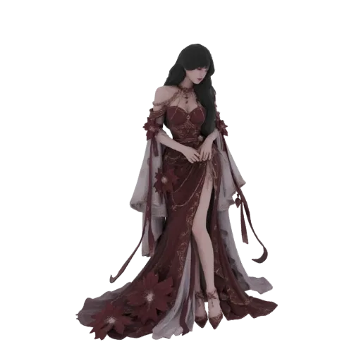 3D model of a woman wearing a long, crimson gown with gold accents and large red floral decorations, with sheer white sleeves