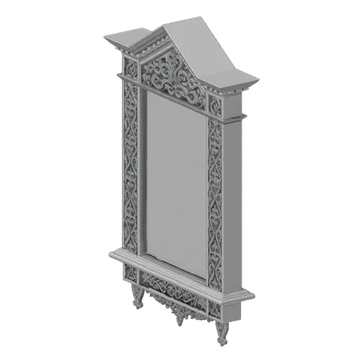 3D model of an ornate Baroque mirror frame with a decorative shelf and intricate scrollwork, presented on a black background.