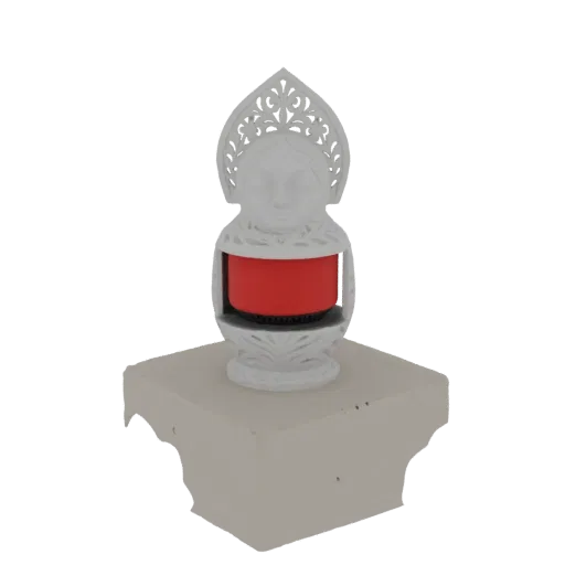 3D render of an ornate white candle holder with a female bust and a red candle on a decorative base.