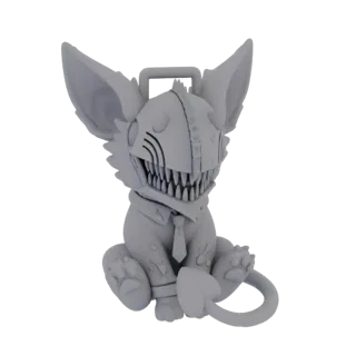 Modelo 3D de Pochita de Chainsaw Man, un pequeño diablo parecido a un perro con una motosierra por cabeza, vistiendo traje y