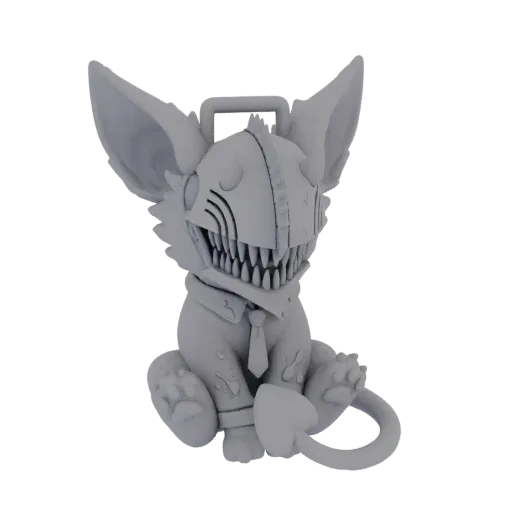 3D model of Pochita from Chainsaw Man, a small dog-like devil with a chainsaw for a head, wearing a suit and tie, sitting dow