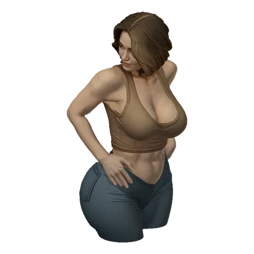 3D model of a curvy woman with brown hair, wearing a brown tank top and tight blue jeans, posing with her hands on her hips.