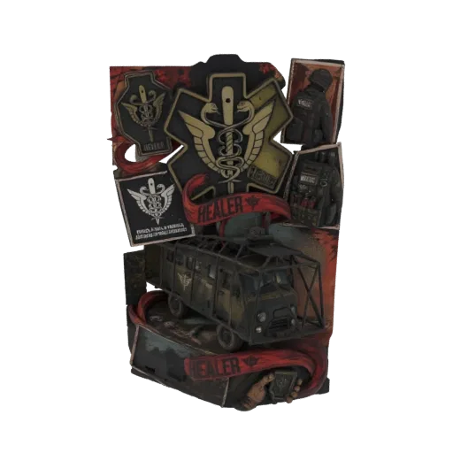 3D model of a post-apocalyptic healer vehicle diorama with a rugged truck, medical symbols, and red banners.