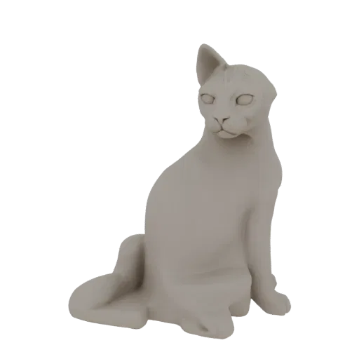 Modèle 3D d'un chat stylisé et élégant, assis gracieusement, rendu dans une finition mate neutre sur fond blanc.