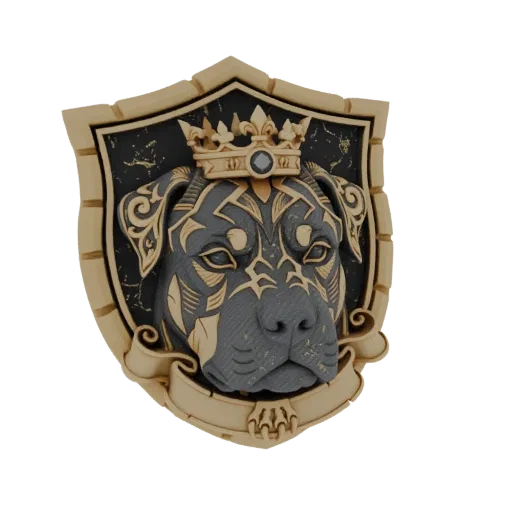 Modelo 3D de cabeza de Rottweiler con corona dorada, sobre un escudo decorativo con patrones ornamentales y una banda.