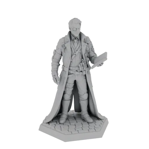 3D-Modell einer Steampunk Gelehrten Figur mit Schutzbrille, Monokel und detailliertem Mantel, stehend auf einem Kopfsteinpfla