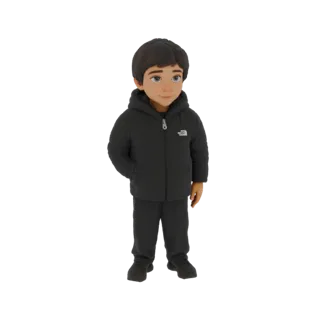 3D-Modell eines stilisierten jungen Jungen in schwarzer Daunenjacke und Trainingsanzug, stehend mit den Händen in den Taschen