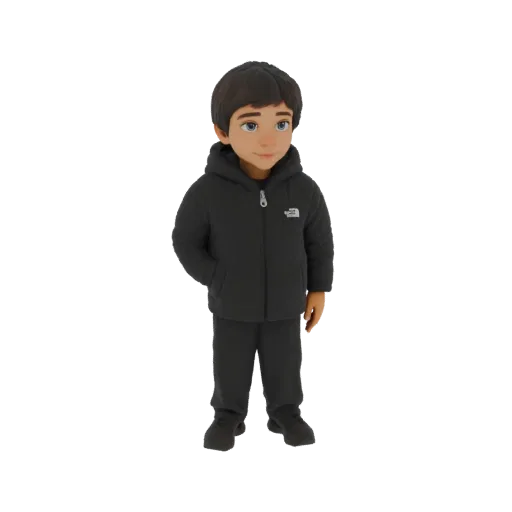 Modello 3D di un bambino stilizzato con piumino nero e tuta, in piedi con le mani in tasca.