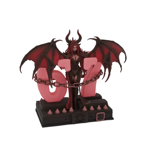 3D model of a succubus with red hair, black wings, horns, and a chain wrapped around her and large 'OV' letters.