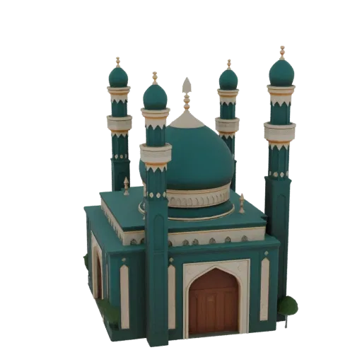 3D-Modell einer traditionellen islamischen Moschee mit türkisfarbener Kuppel, vier Minaretten und detaillierter Fassade auf w