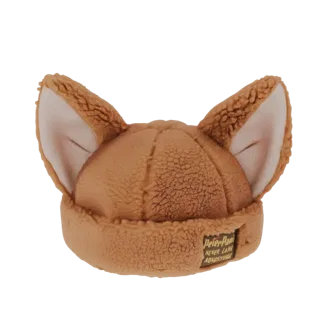 3D model of a brown sherpa beanie with attached fox ears and a 'Peter Pan Never Land Adventure' patch.