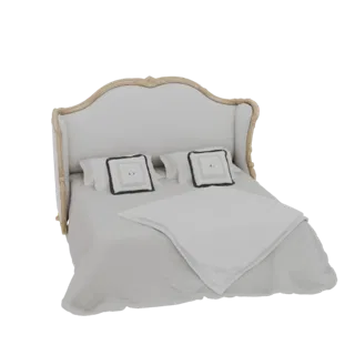 3D model of a French Provincial bed with a light gray upholstered headboard, two decorative pillows, and a folded comforter,