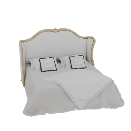 3D model of a French Provincial bed with a light gray upholstered headboard, two decorative pillows, and a folded comforter,