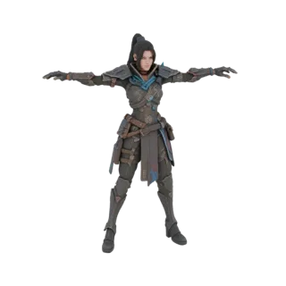 3D model of a female stealth assassin in a T-pose, wearing detailed futuristic armor with blue energy accents.