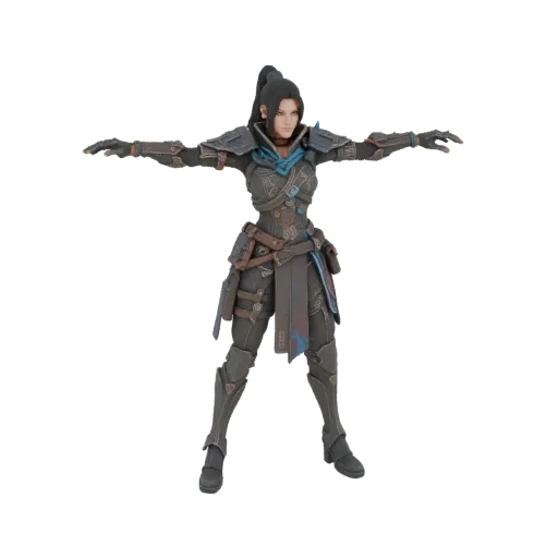 3D model of a female stealth assassin in a T-pose, wearing detailed futuristic armor with blue energy accents.