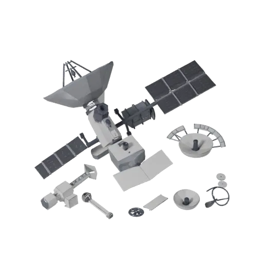 Communication Orbital Telescope Low Poly 3D model, game viewport three-quarter view, showing solar panels, form detail.