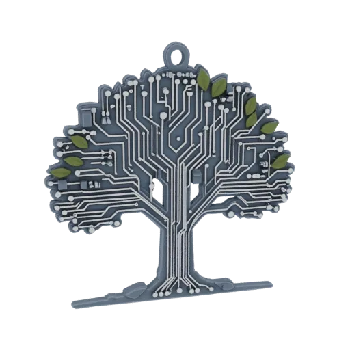 3D model of a tree pendant with circuit board elements and electronic components, green foliage
