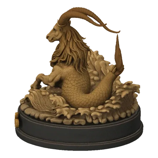 3D model of the Capricorn sea-goat zodiac symbol, depicted as a mythical creature with a goat's head and a fish's tail, emerg