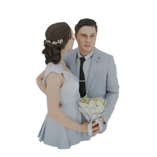 3D model of a wedding couple, bride in white dress and groom in blue suit, holding a bouquet of white roses, isolated on whit