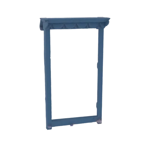 3D model of an ornate blue window frame with decorative triangular patterns along the top edge, set against a white backgroun