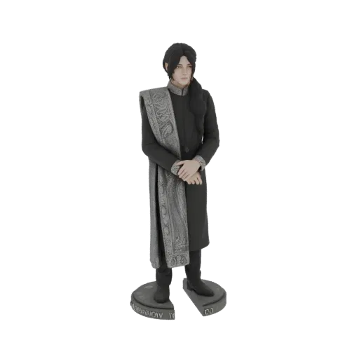 3D model of an elegant man in a black traditional outfit with a patterned grey shawl, standing on a segmented circular base.