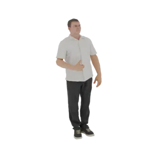 3D model of a man in a white shirt and black pants, standing with one hand on his stomach in a casual pose.