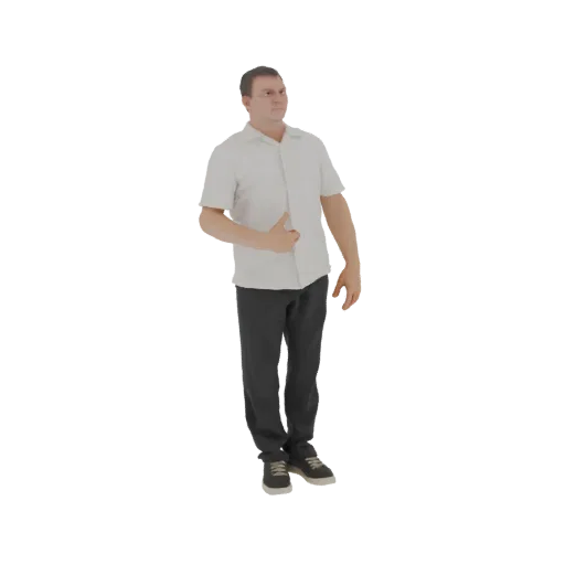 Modello 3D di un uomo in camicia bianca e pantaloni neri, in piedi con una mano sull'addome in posa casual.
