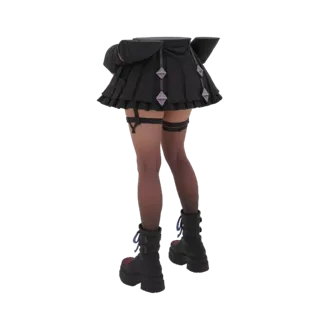 Modello 3D outfit Gothic Lolita: gonna nera plissettata, calze scure con giarrettiere, stivali platform neri con accenti ross