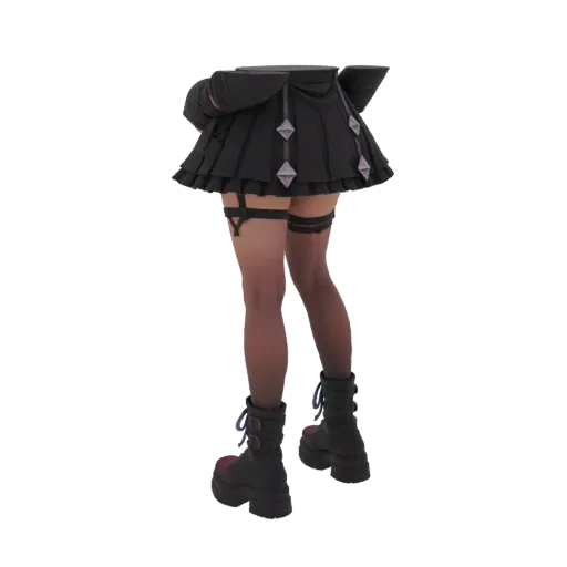 3D model of a Gothic Lolita outfit featuring a black pleated skirt, dark stockings with garters, and black platform boots wit