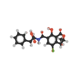3D-Kugel-und-Stab-Modell des Ochratoxin A Moleküls, das Atome und Bindungen im Detail zeigt.
