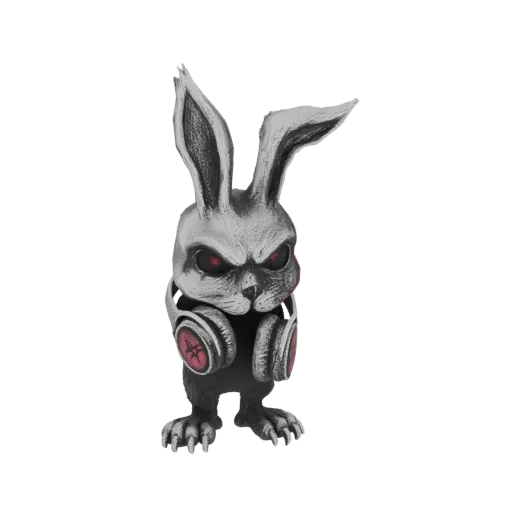 3D model of a menacing rabbit with glowing red eyes and headphones, rendered in a dark, textured style.