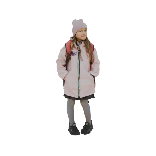 3D model of a young girl wearing a pink coat, beanie, and backpack, with hands in pockets.